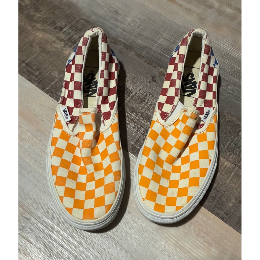 Vans Slip On Checkerboard Shoes Orange Red Blue White Men 6 Women 7.5